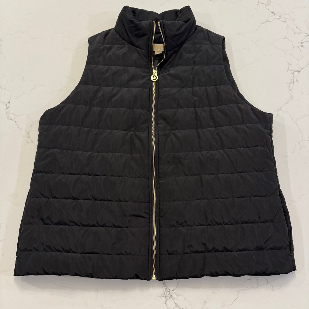 Michael Michael Kors Womens Black Puffer Vest Gold Zip Quilted Sleeveless 1X